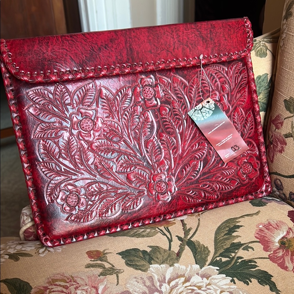 Hand Wrought tooled in Mexico with Red Embossed Leather Clutch